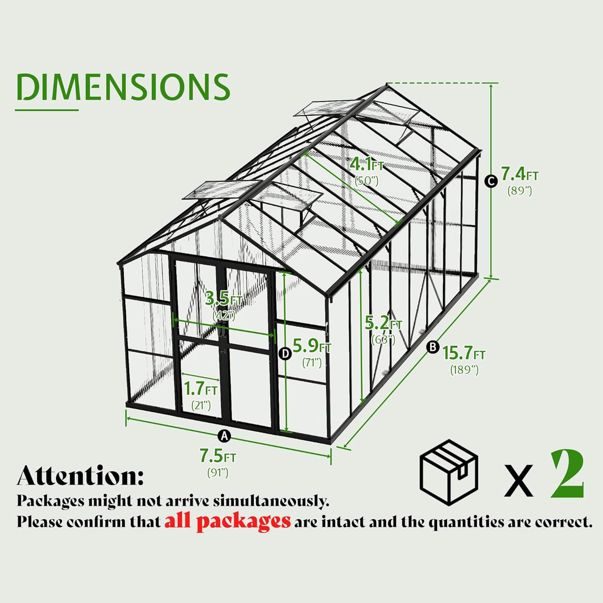 8' x 16' FT Premium Polycarbonate Outdoor Walk-In Patio Greenhouse With Double Swing Doors, 4MM