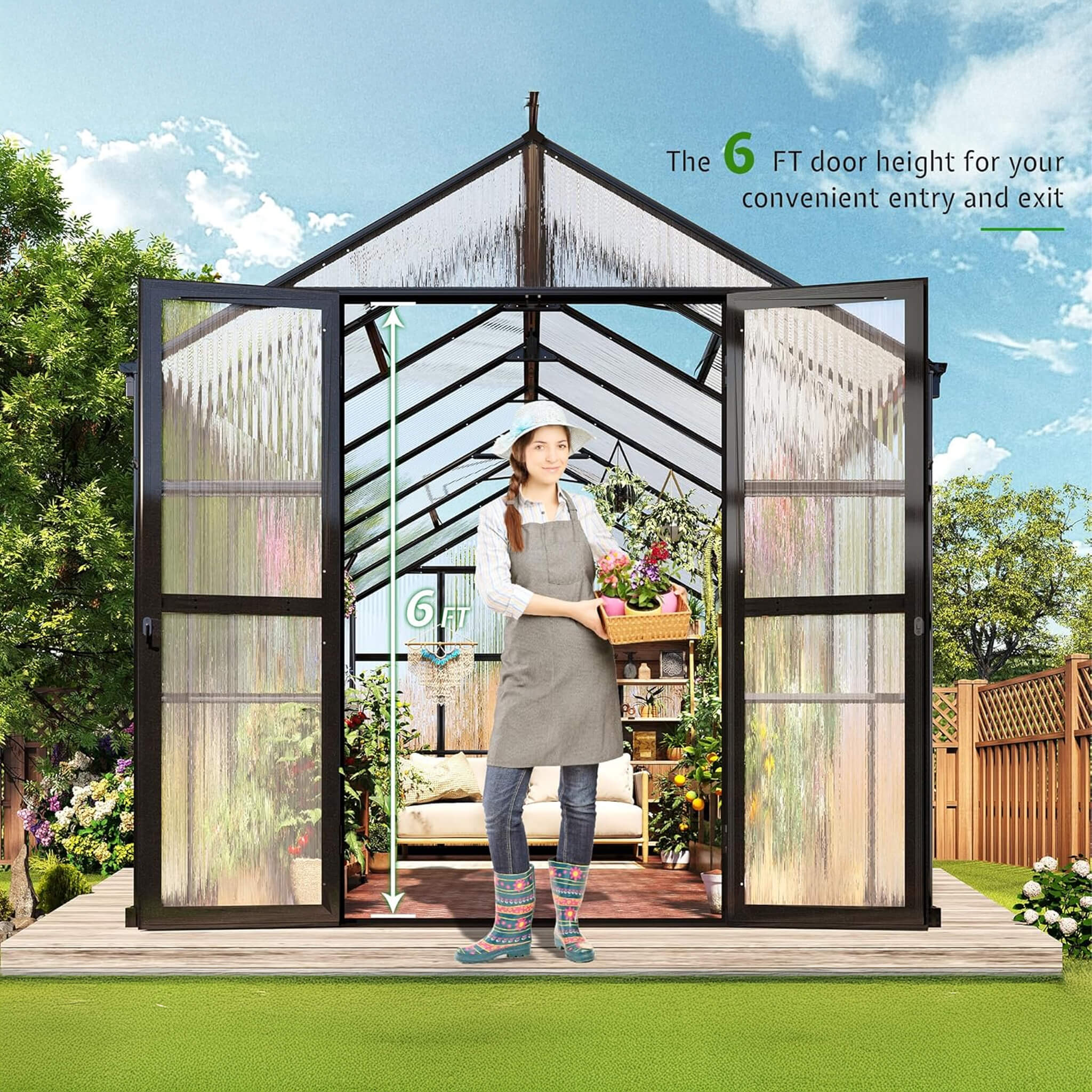 8' x 16' FT Premium Polycarbonate Outdoor Walk-In Patio Greenhouse With Double Swing Doors, 4MM