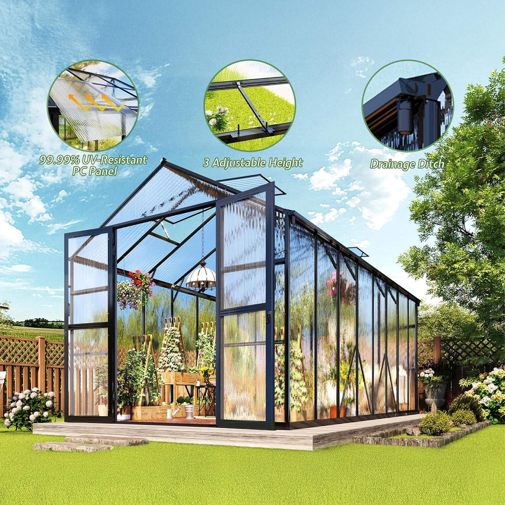 8' x 16' FT Premium Polycarbonate Outdoor Walk-In Patio Greenhouse With Double Swing Doors, 4MM