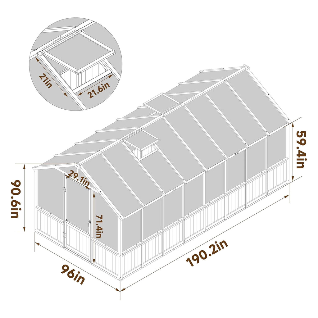 8' x 16' FT Large Heavy-Duty Outdoor Wooden Greenhouse With 6MM Polycarbonate Panels And Vent Roof