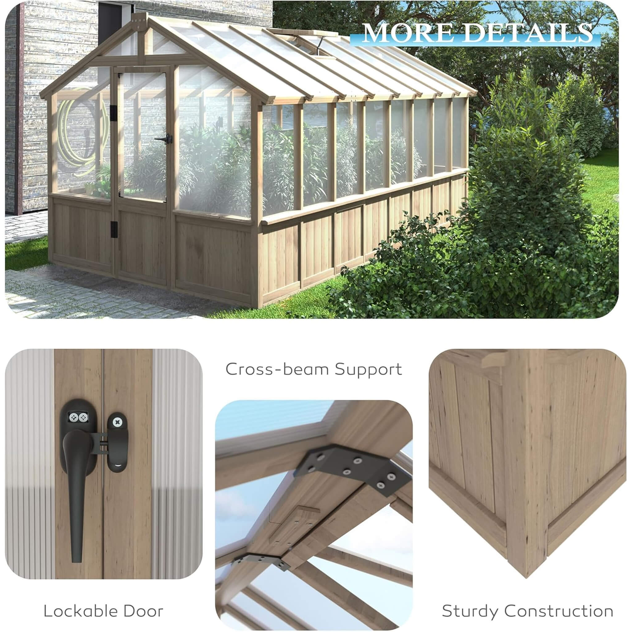 8' x 16' FT Large Heavy-Duty Outdoor Wooden Greenhouse With 6MM Polycarbonate Panels And Vent Roof