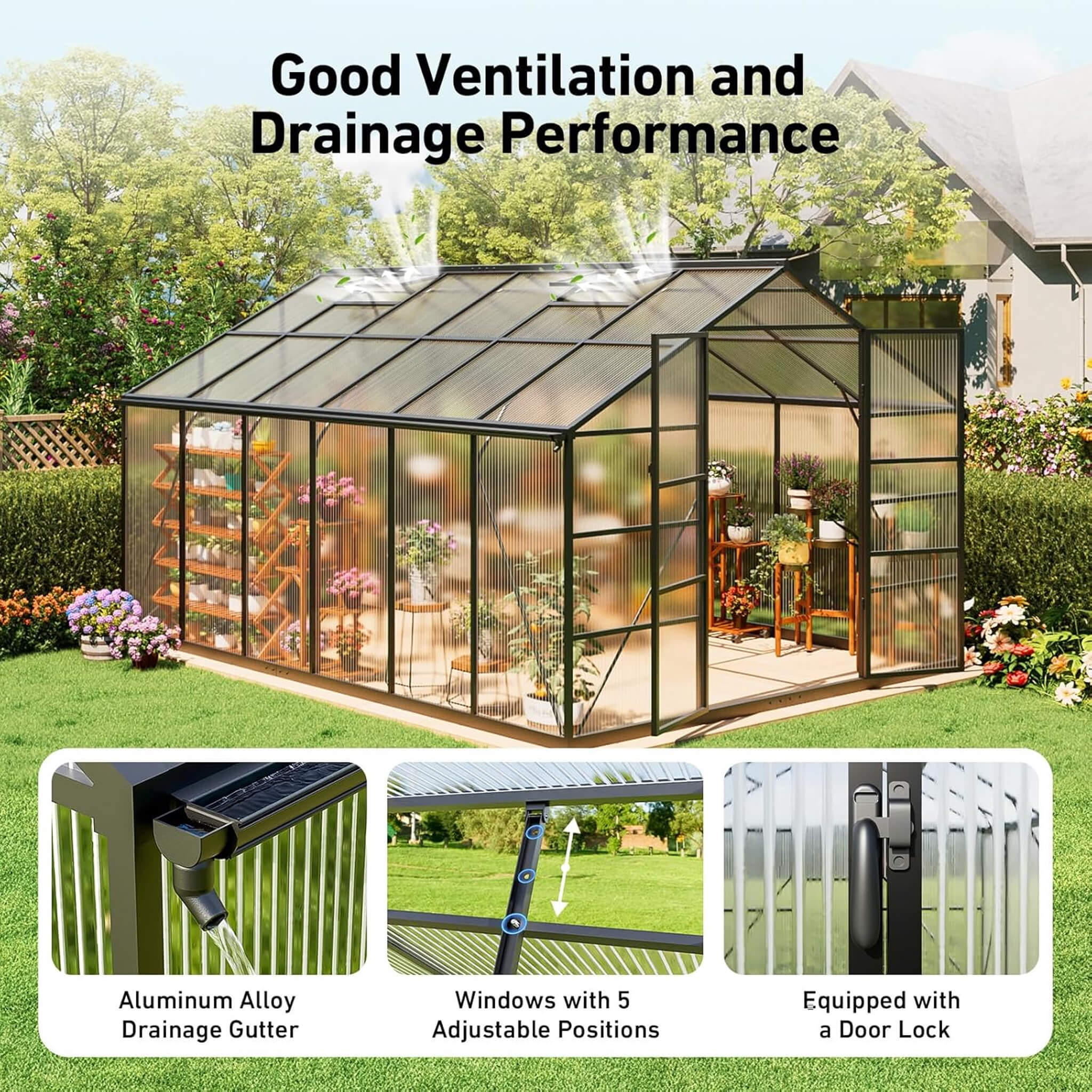 10FT x 12FT Outdoor Polycarbonate Aluminum Greenhouse with UV Protection and Thermometer