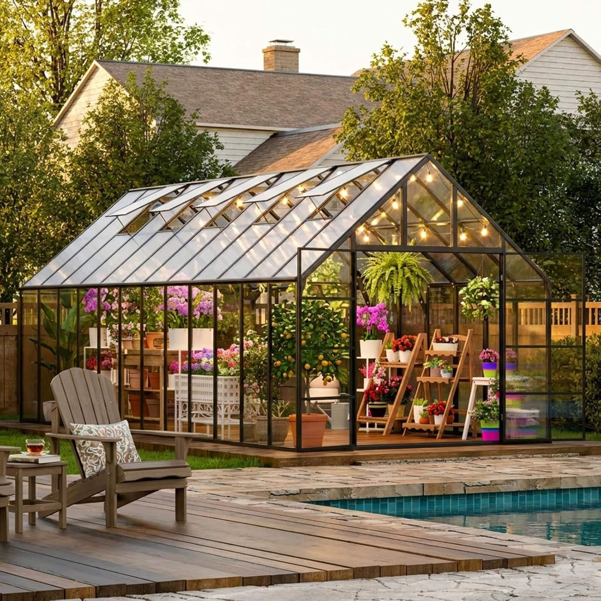10FT x 24FT Heavy-Duty Outdoor Aluminum Polycarbonate Greenhouse with Roof Vents and Swing Doors, 4MM