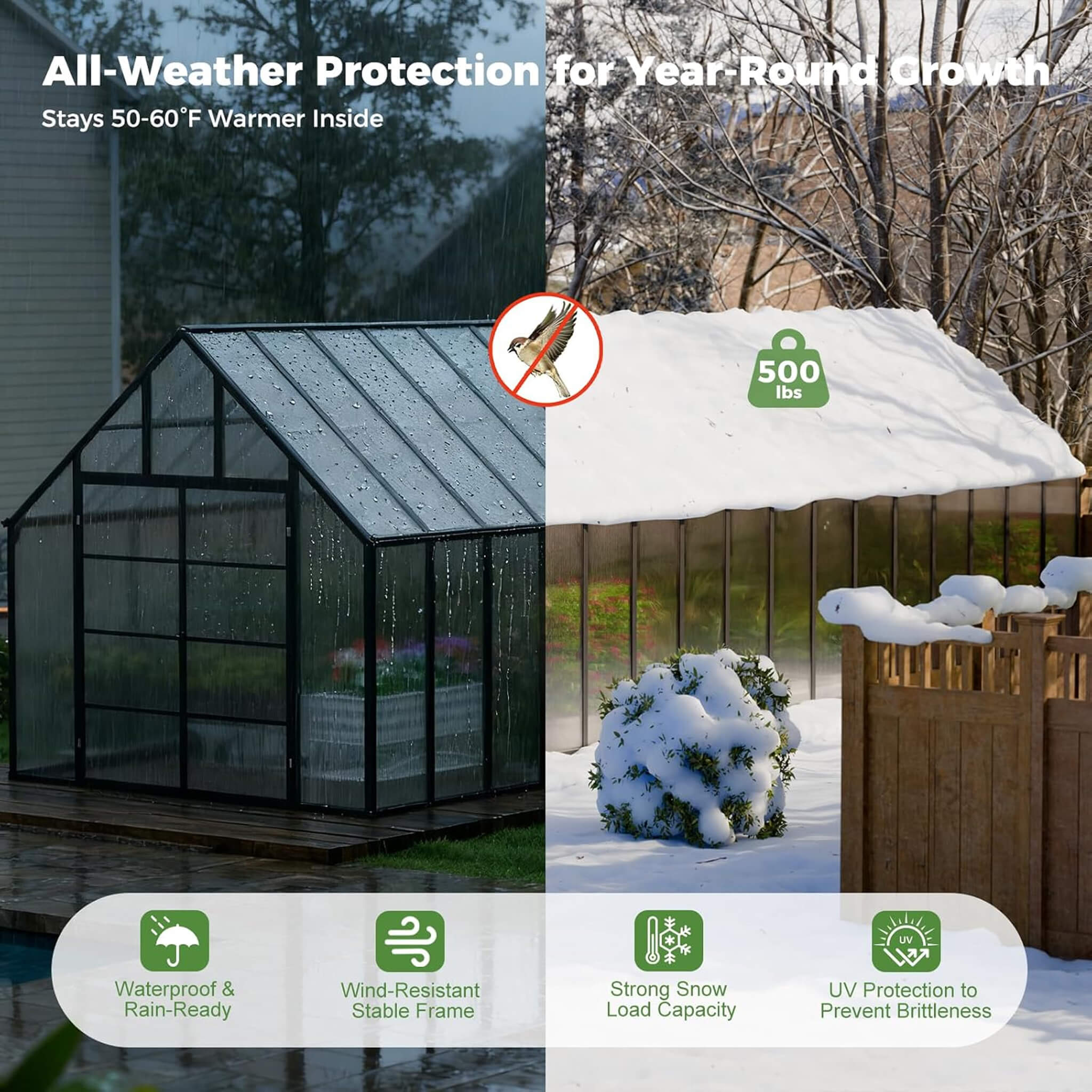 10FT x 32FT Heavy-Duty Outdoor Aluminum Polycarbonate Greenhouse with Roof Vents and Swing Doors, 4MM