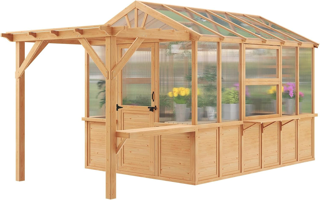 EROMMY 7x16 FT Spruce Wood Greenhouse with Pergola, Large Walk-in Polycarbonate Greenhouse Kit with Top-Hung Windows, Built-in Workstation and Staging Shelves for Backyard Garden