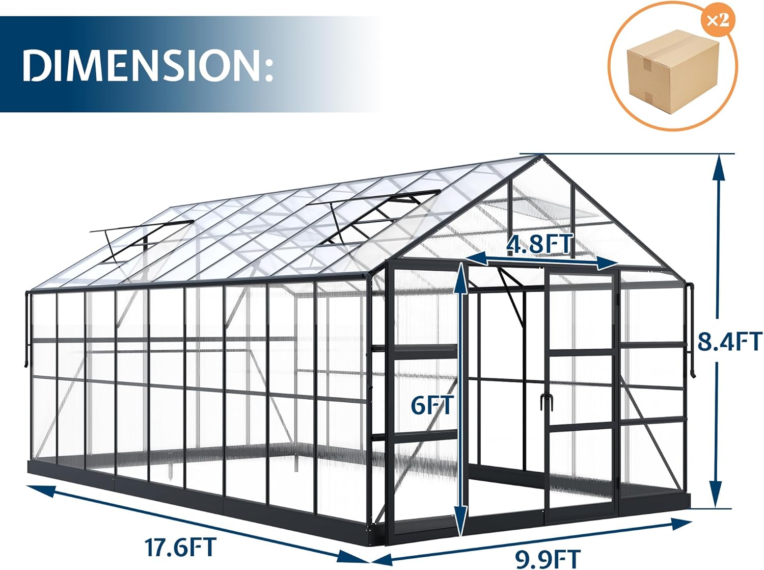 HOWE 10x18x8.4FT Polycarbonate Greenhouse, Heavy Duty Greenhouse for Outdoors with 4 Vent Windows, Black