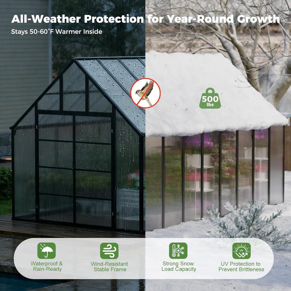 K Knowbody 16x10x10 FT Greenhouse for Outdoors, Large Thicker Aluminum Polycarbonate, 3 Vent Windows, Swing Door & Quick T Connector, Walk-in, for Outside, Backyard, Garden
