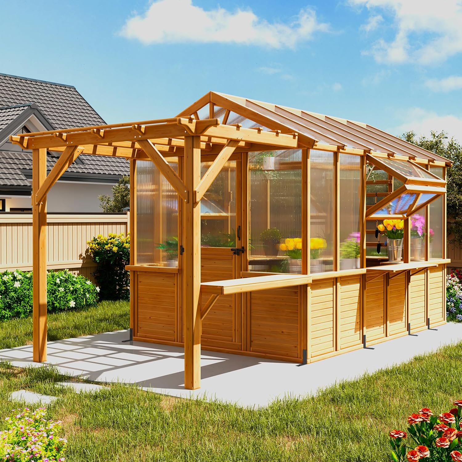 EROMMY 7x16 FT Spruce Wood Greenhouse with Pergola, Large Walk-in Polycarbonate Greenhouse Kit with Top-Hung Windows, Built-in Workstation and Staging Shelves for Backyard Garden