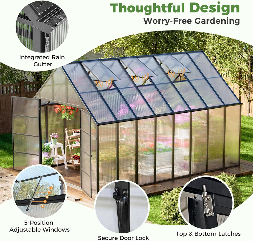 K Knowbody 16x10x10 FT Greenhouse for Outdoors, Large Thicker Aluminum Polycarbonate, 3 Vent Windows, Swing Door & Quick T Connector, Walk-in, for Outside, Backyard, Garden