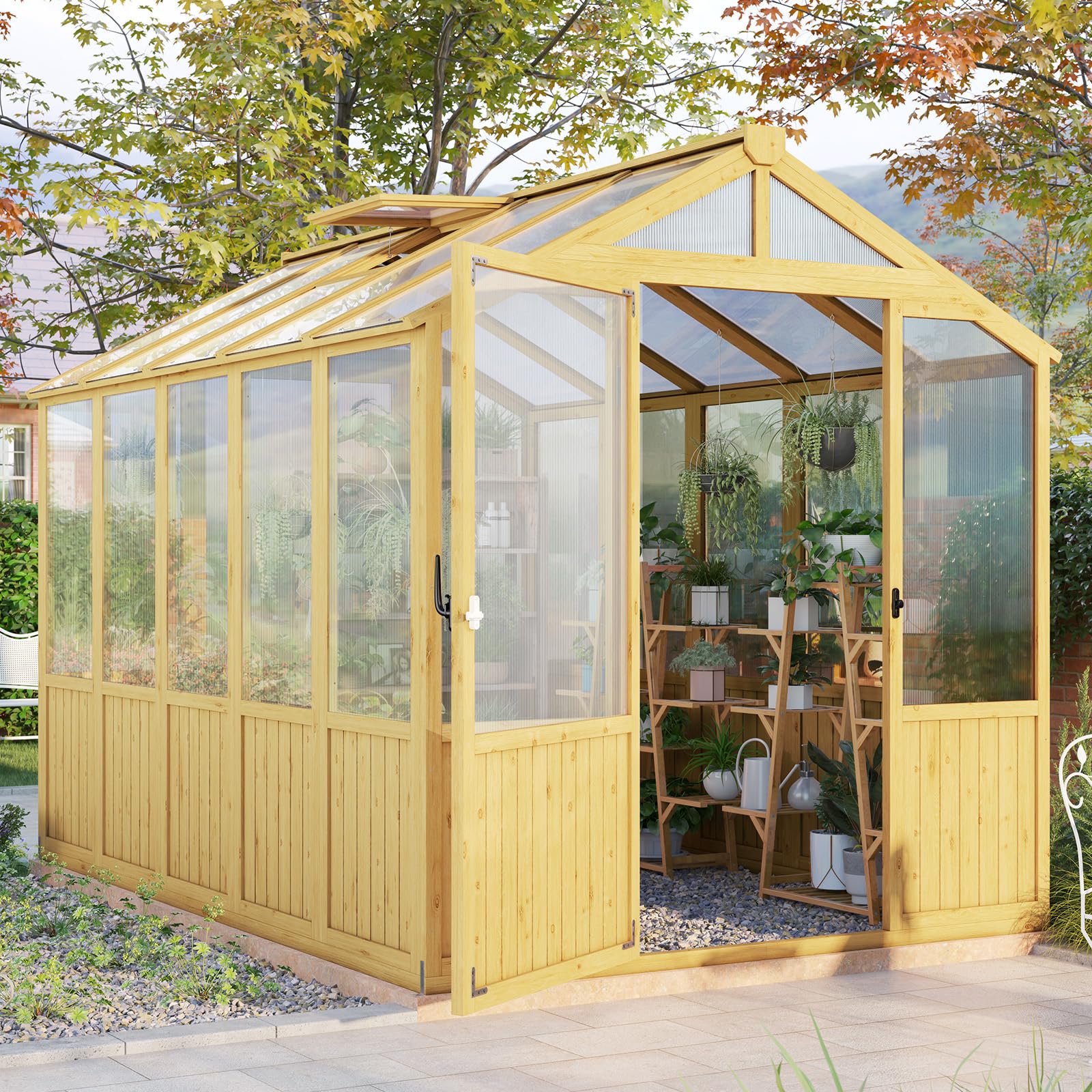 Jocisland 10x13.2 Ft Wood Greenhouse, Wooden Greenhouse for Outdoors with Lockable Door, Walk-in Cedar Greenhouse with Adjustable 2 Roof Vents, Polycarbonate Greenhouse for Outdoors, Garden, Backyard