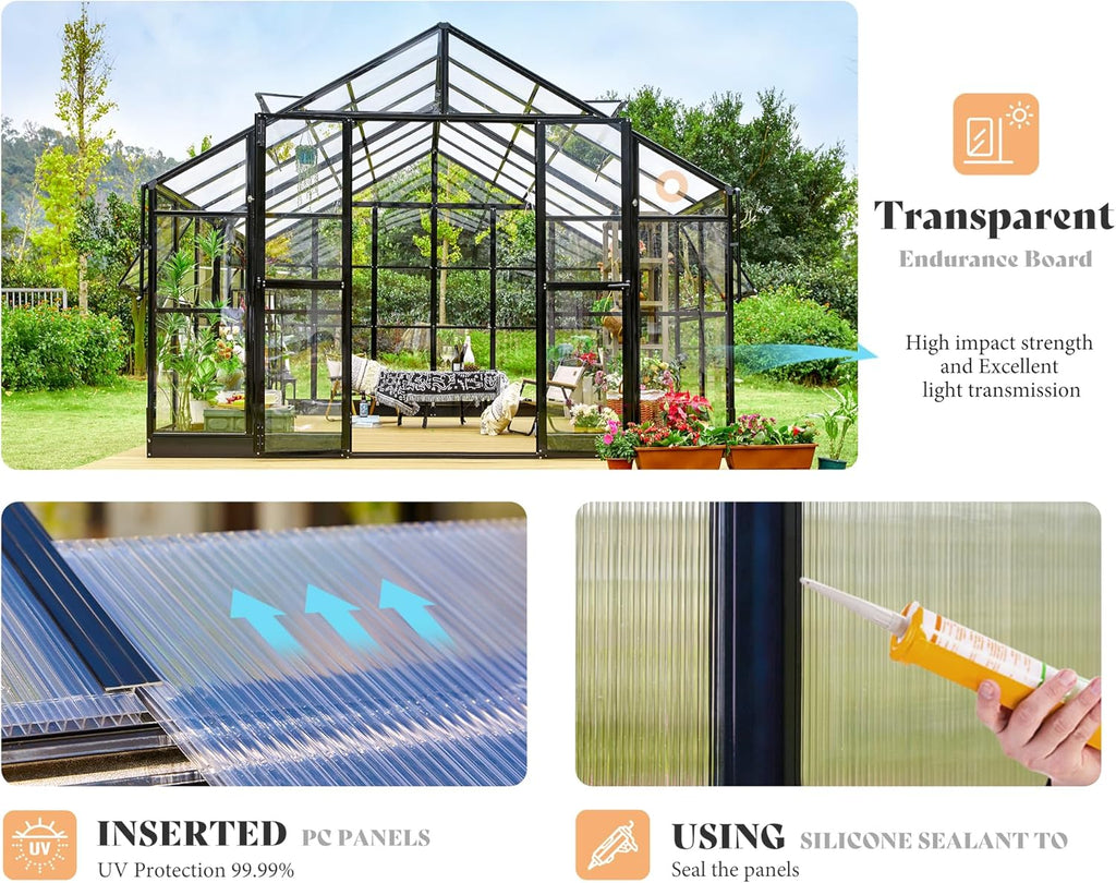 AMERLIFE 12x13.5x9 FT Hybrid Polycarbonate Greenhouse with Quick Connector Fast Assembly Clear Panels, Walk-in Large Aluminum Greenhouses for Outdoors, Swing 2 Doors 4 Vents, Black