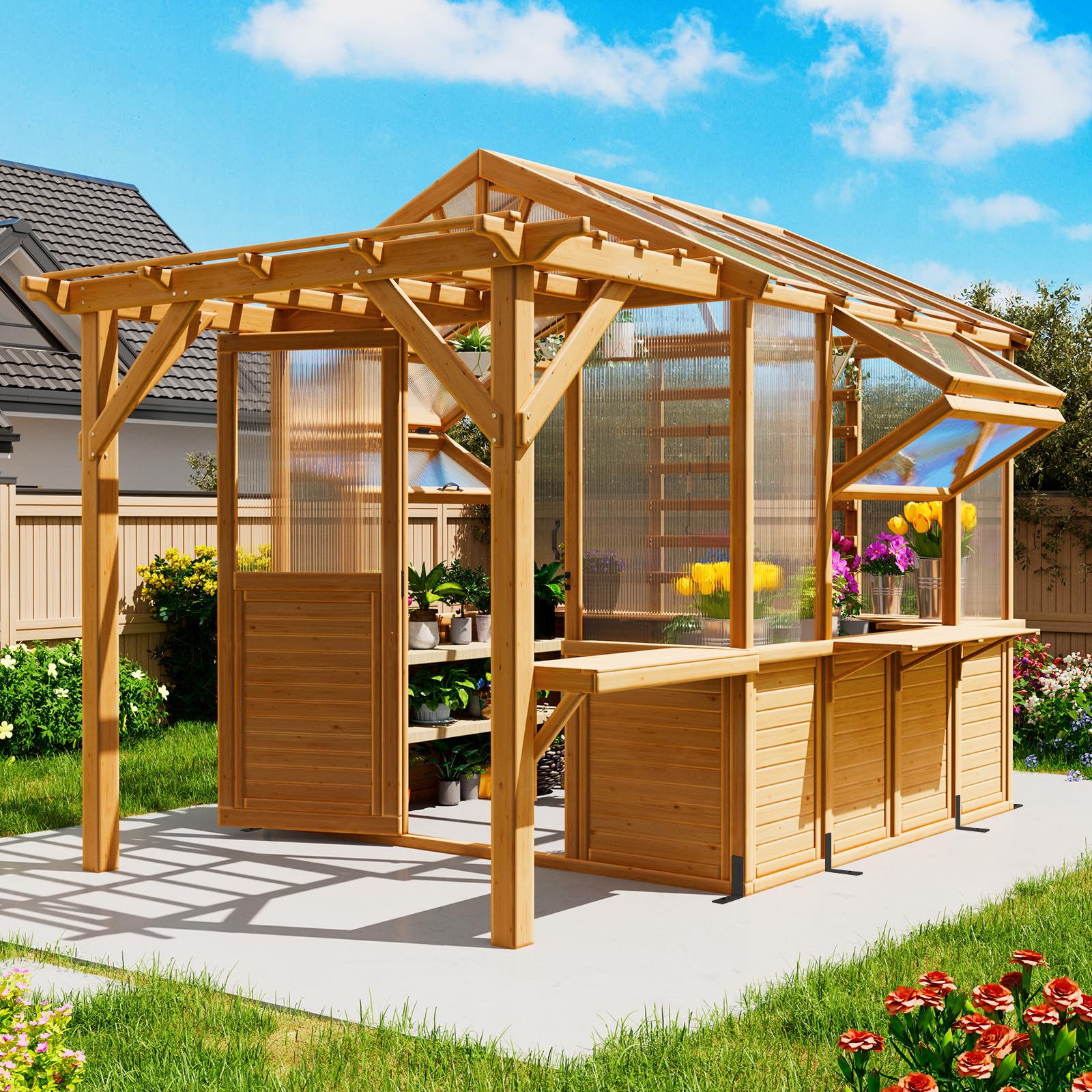 EROMMY 7x16 FT Spruce Wood Greenhouse with Pergola, Large Walk-in Polycarbonate Greenhouse Kit with Top-Hung Windows, Built-in Workstation and Staging Shelves for Backyard Garden