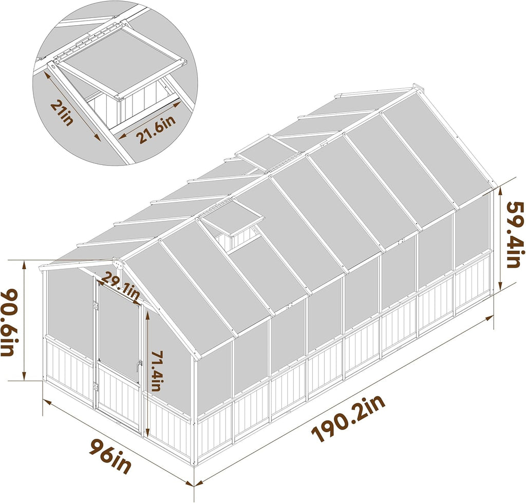 Yardenaler 8x16 FT Greenhouse for Outdoor, 6MM Thick Polycarbonate Panel Wooden Walk-in Green House with Adjustable Roof Vents and Lockable Door, Backyard Garden, Light Mocha Brown