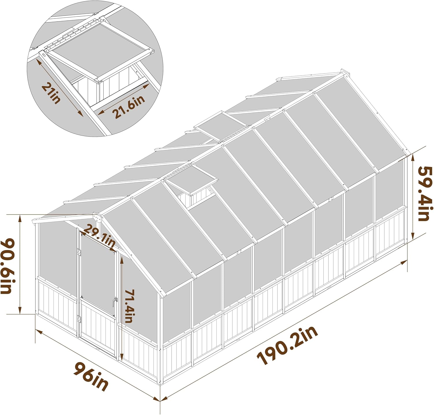 Yardenaler 8x16 FT Greenhouse for Outdoor, 6MM Thick Polycarbonate Panel Wooden Walk-in Green House with Adjustable Roof Vents and Lockable Door, Backyard Garden, Light Mocha Brown