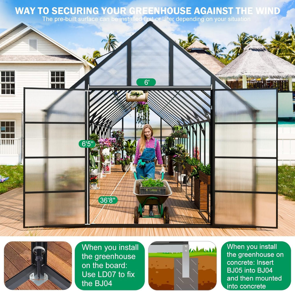 CDCASA 10x36 FT Greenhouse for Outdoors,Large Easy Assembly Thicker Aluminum Polycarbonate Greenhouses w/8 Windows, Double Door, Walk-in Green House for Outside,Patio,Backyard,Garden