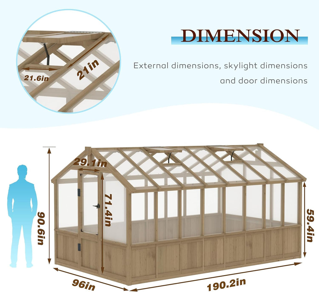 Yardenaler 8x16 FT Greenhouse for Outdoor, 6MM Thick Polycarbonate Panel Wooden Walk-in Green House with Adjustable Roof Vents and Lockable Door, Backyard Garden, Light Mocha Brown