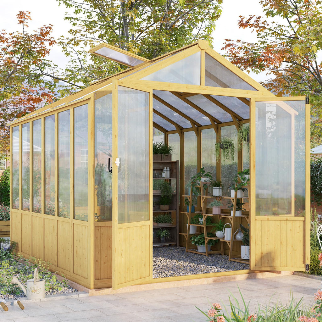 Jocisland 10x13.2 Ft Wood Greenhouse, Wooden Greenhouse for Outdoors with Lockable Door, Walk-in Cedar Greenhouse with Adjustable 2 Roof Vents, Polycarbonate Greenhouse for Outdoors, Garden, Backyard