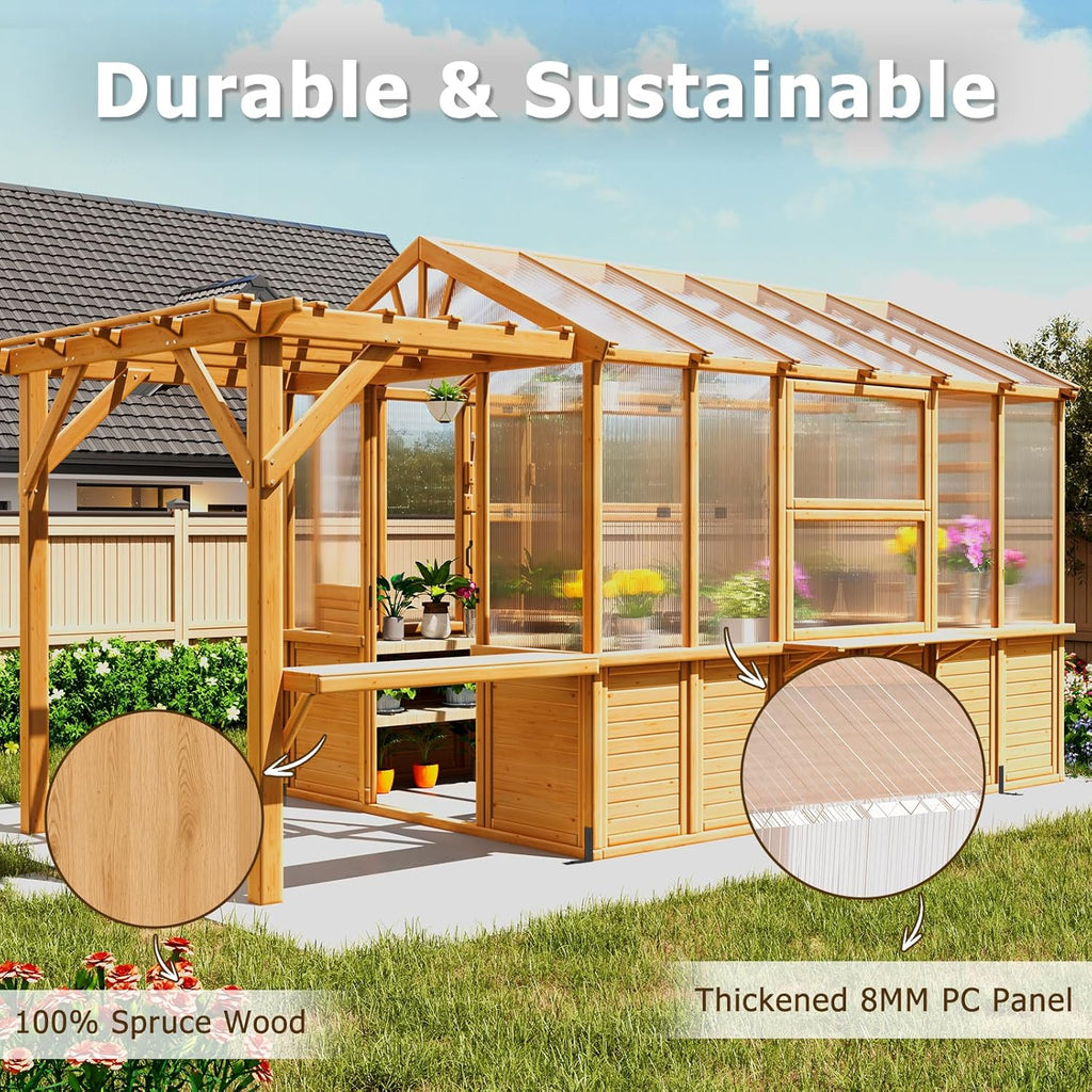 EROMMY 7x16 FT Spruce Wood Greenhouse with Pergola, Large Walk-in Polycarbonate Greenhouse Kit with Top-Hung Windows, Built-in Workstation and Staging Shelves for Backyard Garden