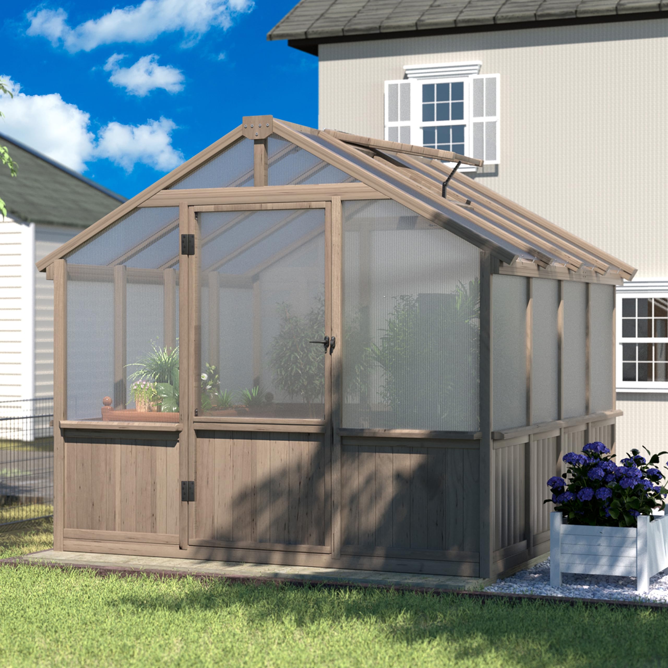 Yardenaler 8x16 FT Greenhouse for Outdoor, 6MM Thick Polycarbonate Panel Wooden Walk-in Green House with Adjustable Roof Vents and Lockable Door, Backyard Garden, Light Mocha Brown