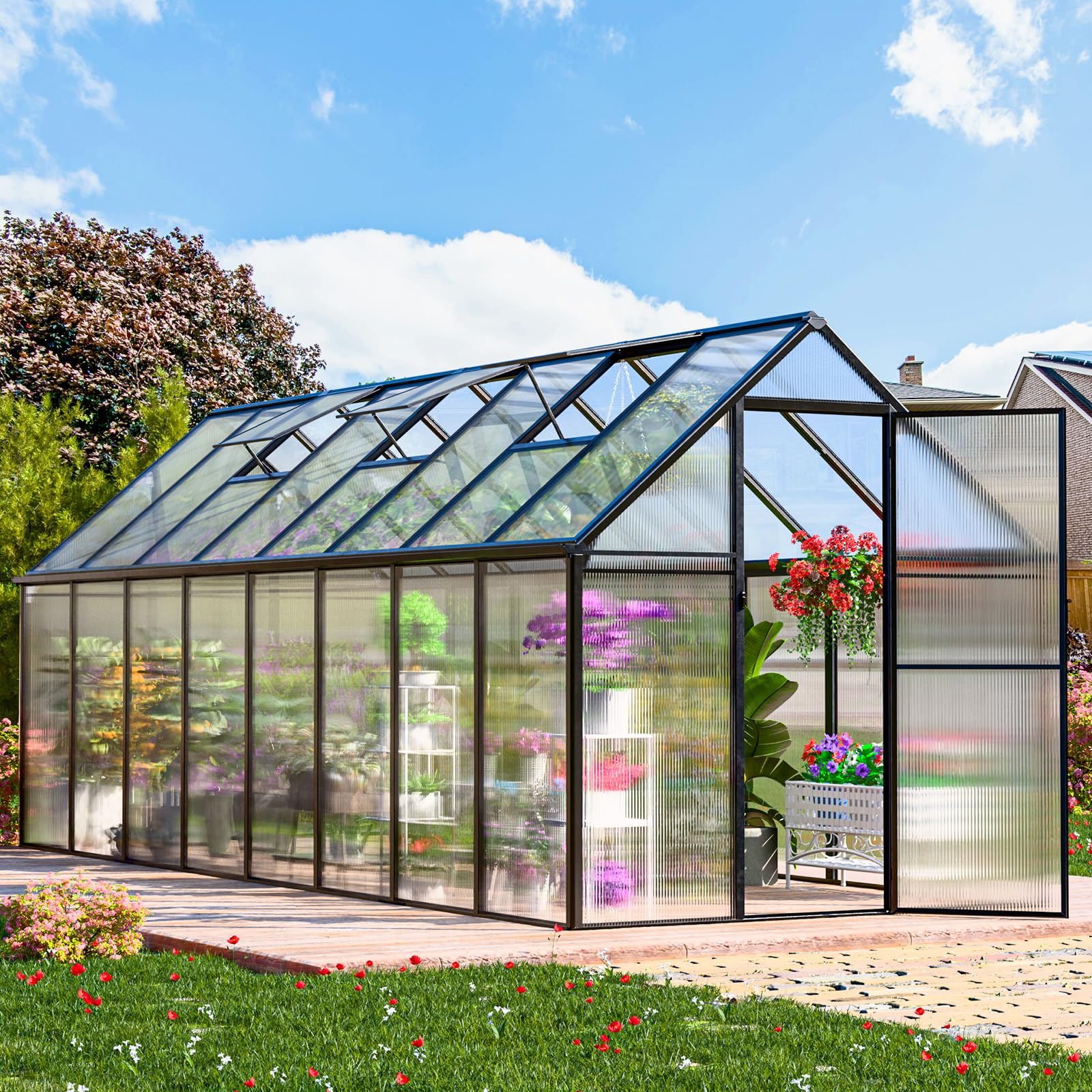 CDCASA 10x36 FT Greenhouse for Outdoors,Large Easy Assembly Thicker Aluminum Polycarbonate Greenhouses w/8 Windows, Double Door, Walk-in Green House for Outside,Patio,Backyard,Garden