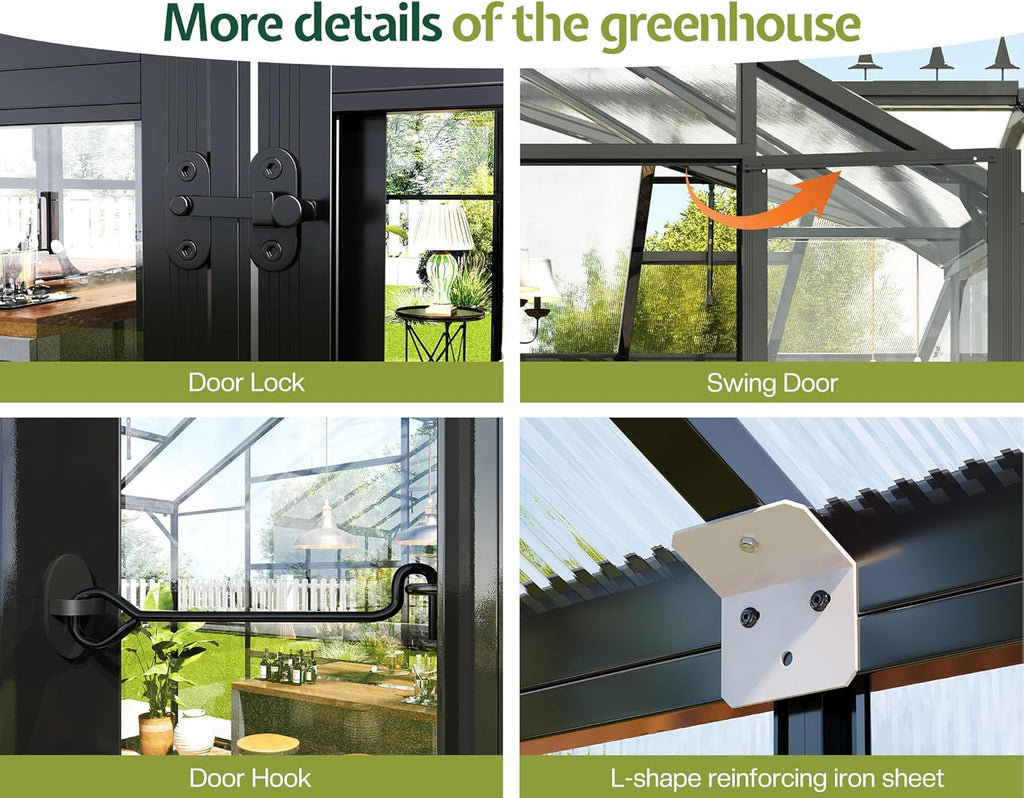 HOWE 12x10x8 FT Outdoor Greenhouse, Quick-Connect Aluminum Frame with 2 Vents, Dual Hinged Doors, UV-Protective Panels, Walk-in Chalet-Style Garden Greenhouse for Backyard, Black
