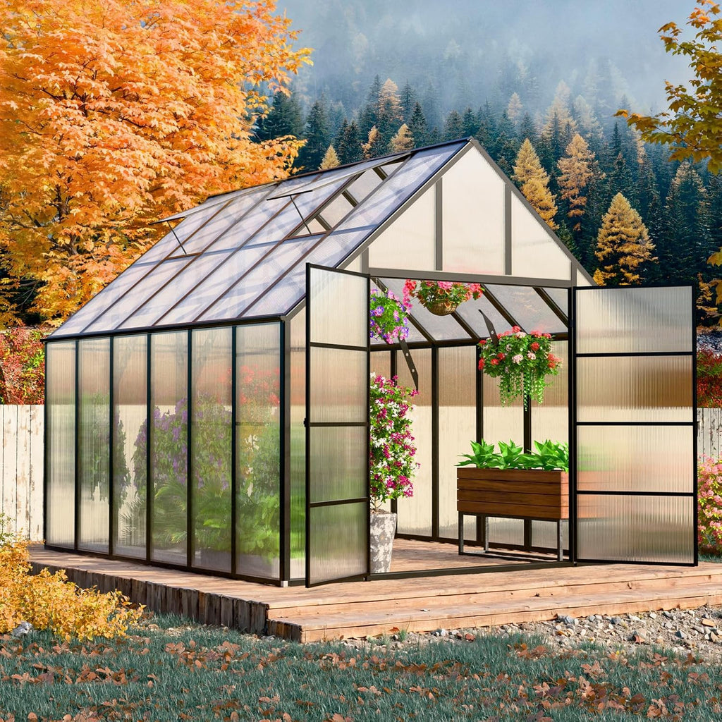 10x20 FT Greenhouse for Outdoor, Large Easy Assembly Heavy Duty Polycarbonate Panels Aluminum Frame Walk-in Green House with 3 Windows Wider Door for Garden Plants
