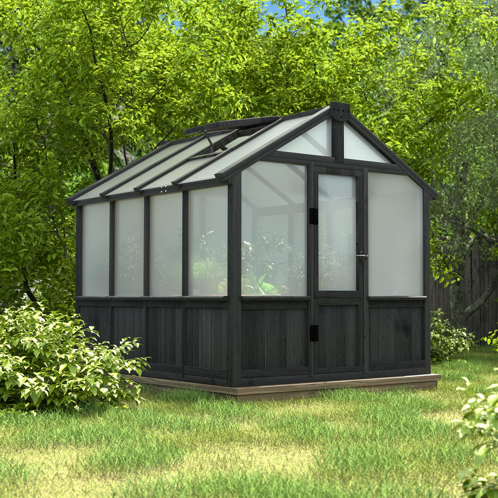 Yardenaler 8x16 FT Greenhouse for Outdoor, 6MM Thick Polycarbonate Panel Wooden Walk-in Green House with Adjustable Roof Vents and Lockable Door, Backyard Garden, Light Mocha Brown