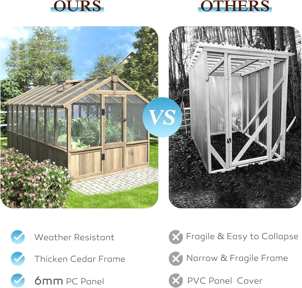 Yardenaler 8x16 FT Greenhouse for Outdoor, 6MM Thick Polycarbonate Panel Wooden Walk-in Green House with Adjustable Roof Vents and Lockable Door, Backyard Garden, Light Mocha Brown