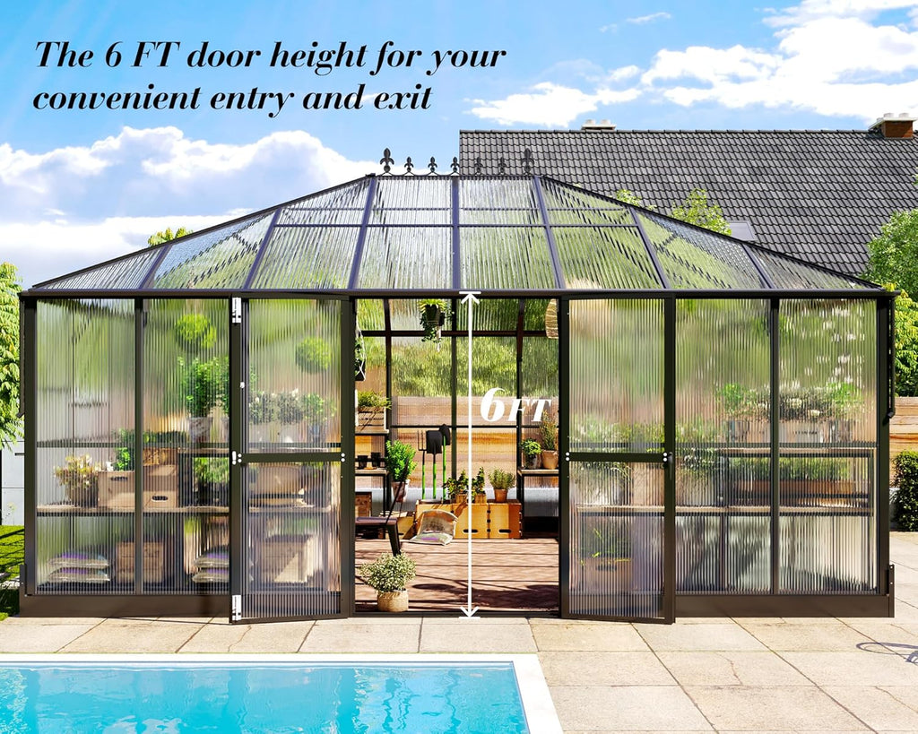 Jocisland 16x12x9.5 FT Polycarbonate Greenhouse- 6 FT Wall Height Outdoor Aluminum Greenhouses with 2 Ventilation and Rain Gutter, Double Doors with Hook, Walk-in Greenhouse for Backyard Garden