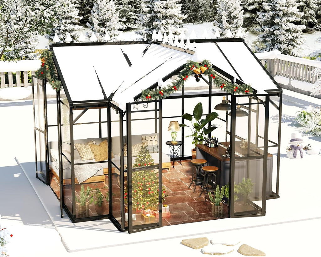 HOWE 12x10x8 FT Outdoor Greenhouse, Quick-Connect Aluminum Frame with 2 Vents, Dual Hinged Doors, UV-Protective Panels, Walk-in Chalet-Style Garden Greenhouse for Backyard, Black