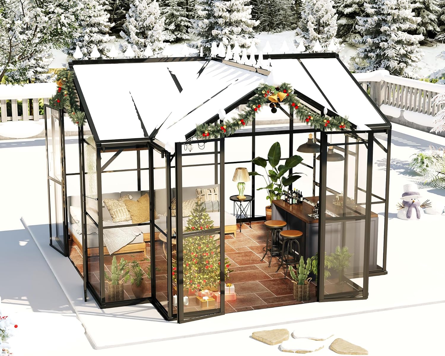 HOWE 12x10x8 FT Outdoor Greenhouse, Quick-Connect Aluminum Frame with 2 Vents, Dual Hinged Doors, UV-Protective Panels, Walk-in Chalet-Style Garden Greenhouse for Backyard, Black