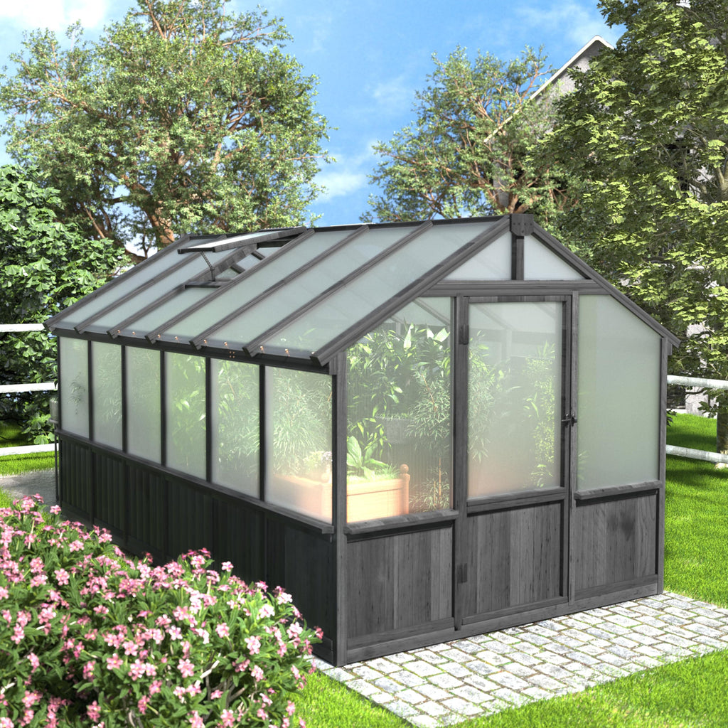 Yardenaler 8x16 FT Greenhouse for Outdoor, 6MM Thick Polycarbonate Panel Wooden Walk-in Green House with Adjustable Roof Vents and Lockable Door, Backyard Garden, Light Mocha Brown