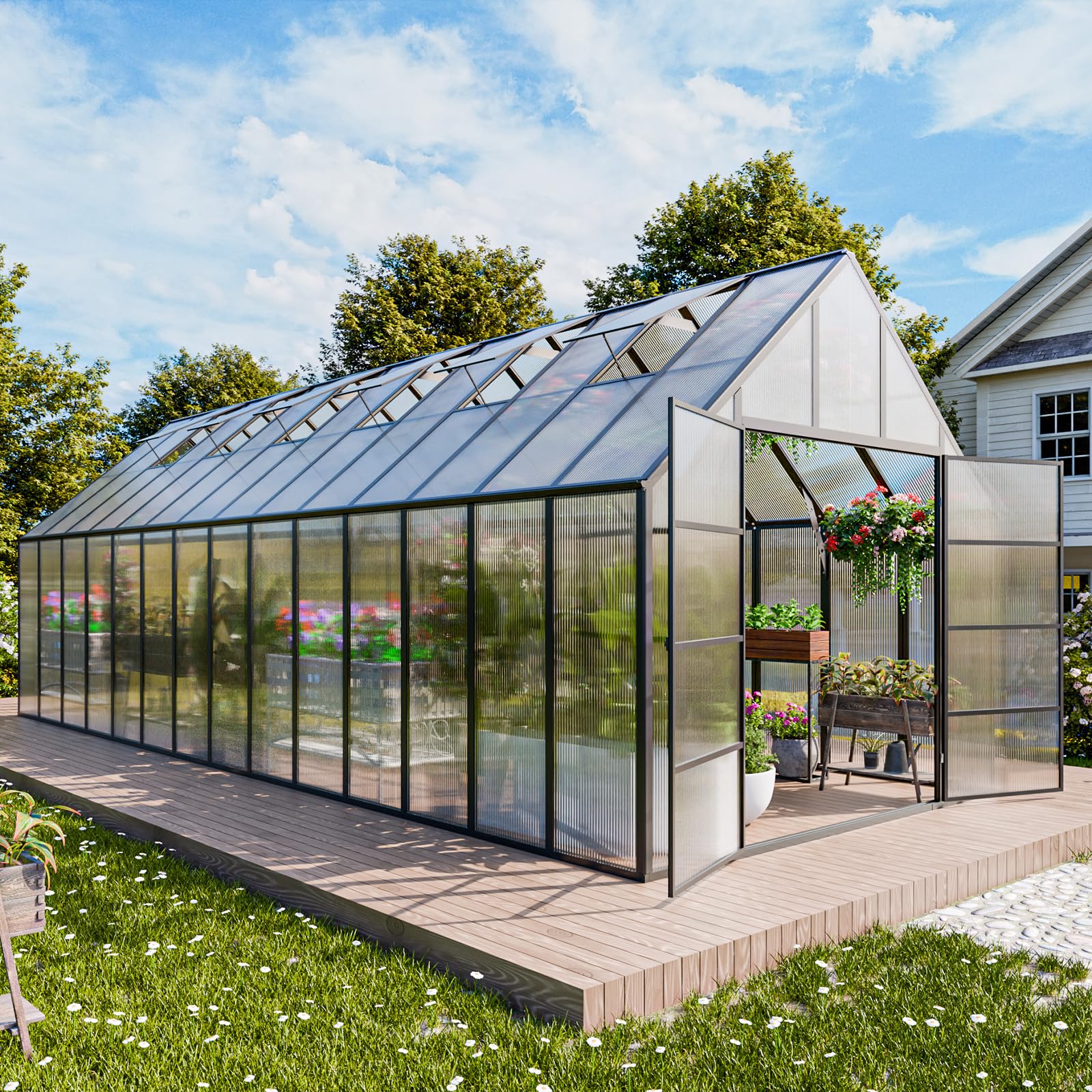 CDCASA 10x36 FT Greenhouse for Outdoors,Large Easy Assembly Thicker Aluminum Polycarbonate Greenhouses w/8 Windows, Double Door, Walk-in Green House for Outside,Patio,Backyard,Garden