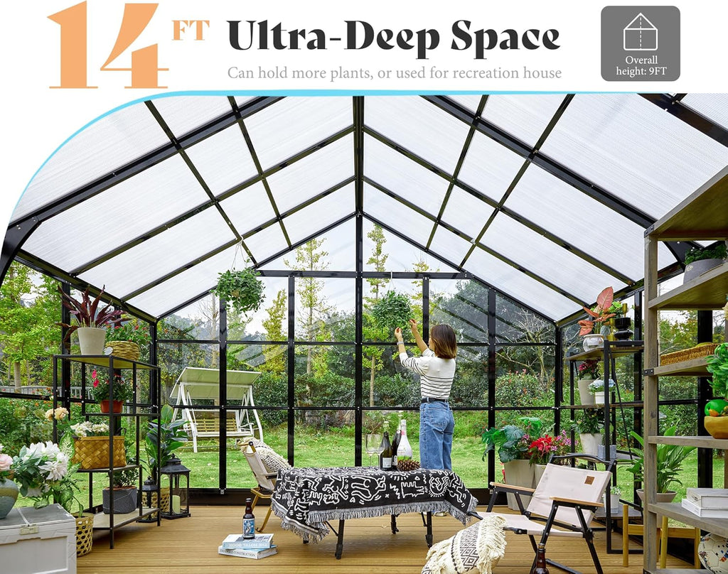 AMERLIFE 12x13.5x9 FT Hybrid Polycarbonate Greenhouse with Quick Connector Fast Assembly Clear Panels, Walk-in Large Aluminum Greenhouses for Outdoors, Swing 2 Doors 4 Vents, Black