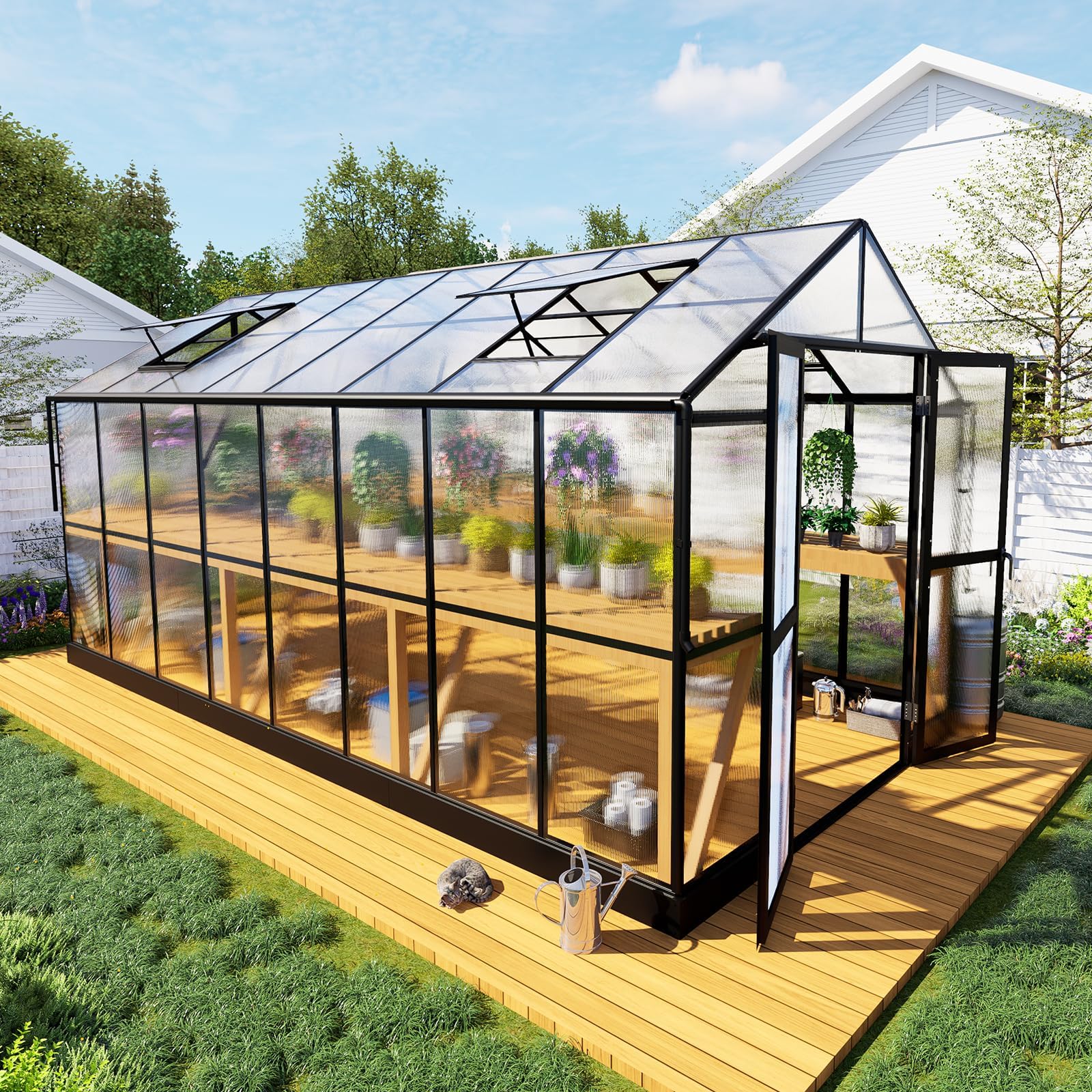 HOWE 10x18x8.4FT Polycarbonate Greenhouse, Heavy Duty Greenhouse for Outdoors with 4 Vent Windows, Black