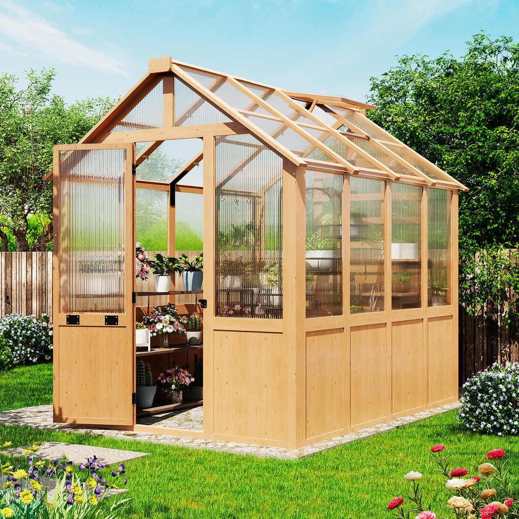 EROMMY 7x16 FT Spruce Wood Greenhouse with Pergola, Large Walk-in Polycarbonate Greenhouse Kit with Top-Hung Windows, Built-in Workstation and Staging Shelves for Backyard Garden