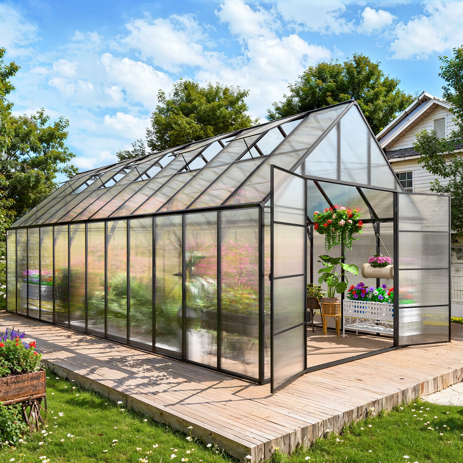 CDCASA 10x36 FT Greenhouse for Outdoors,Large Easy Assembly Thicker Aluminum Polycarbonate Greenhouses w/8 Windows, Double Door, Walk-in Green House for Outside,Patio,Backyard,Garden