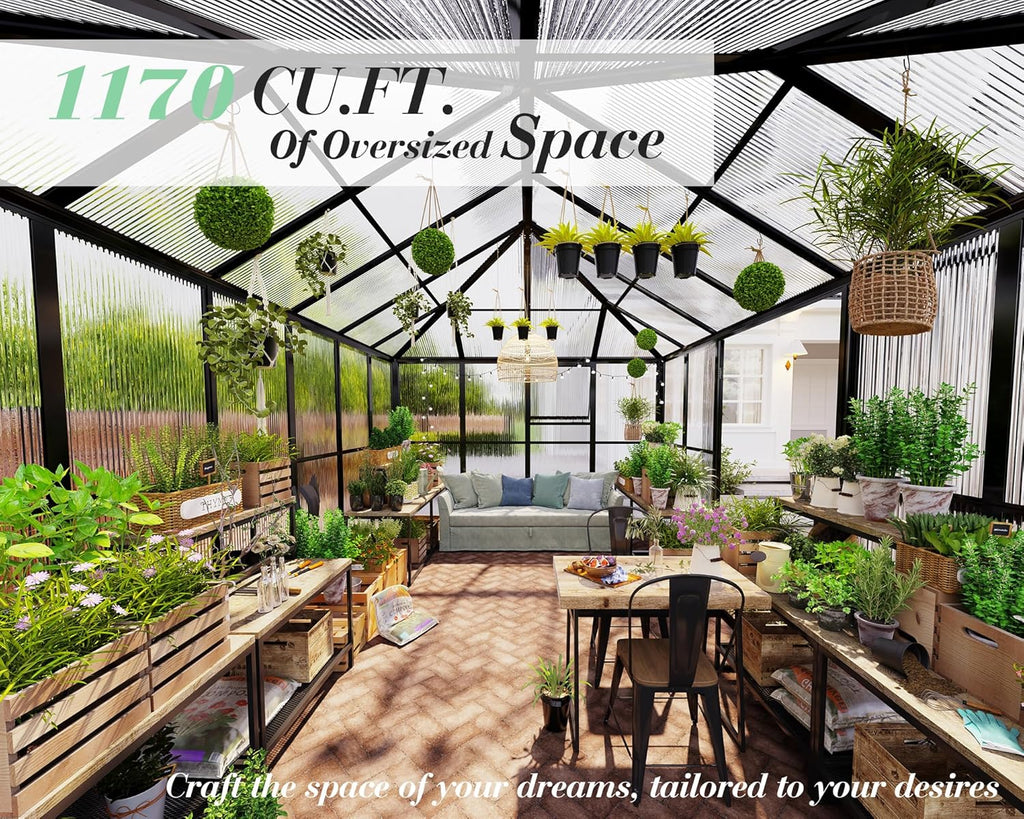 Jocisland 16x12x9.5 FT Polycarbonate Greenhouse- 6 FT Wall Height Outdoor Aluminum Greenhouses with 2 Ventilation and Rain Gutter, Double Doors with Hook, Walk-in Greenhouse for Backyard Garden
