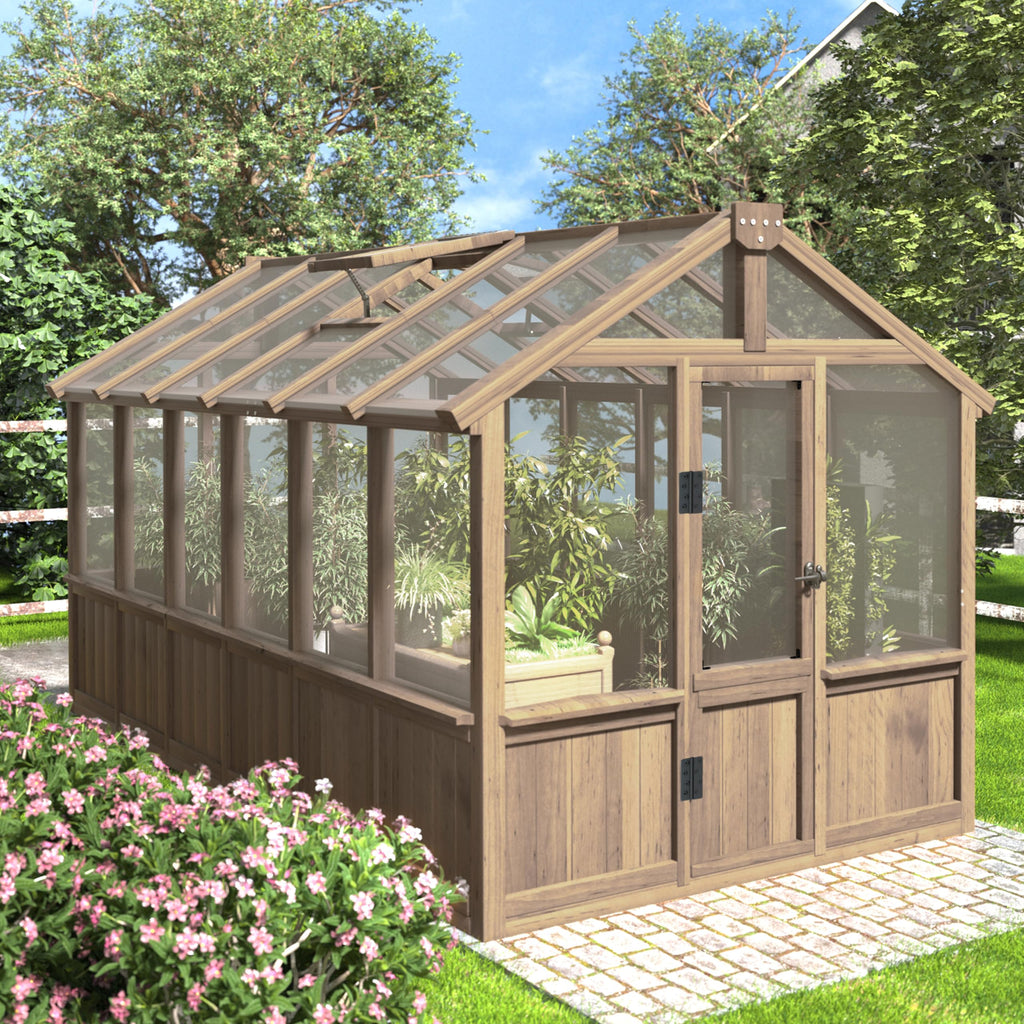 Yardenaler 8x16 FT Greenhouse for Outdoor, 6MM Thick Polycarbonate Panel Wooden Walk-in Green House with Adjustable Roof Vents and Lockable Door, Backyard Garden, Light Mocha Brown