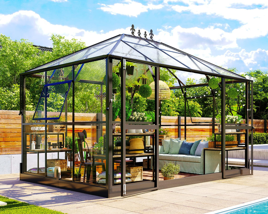 Jocisland 16x12x9.5 FT Polycarbonate Greenhouse- 6 FT Wall Height Outdoor Aluminum Greenhouses with 2 Ventilation and Rain Gutter, Double Doors with Hook, Walk-in Greenhouse for Backyard Garden