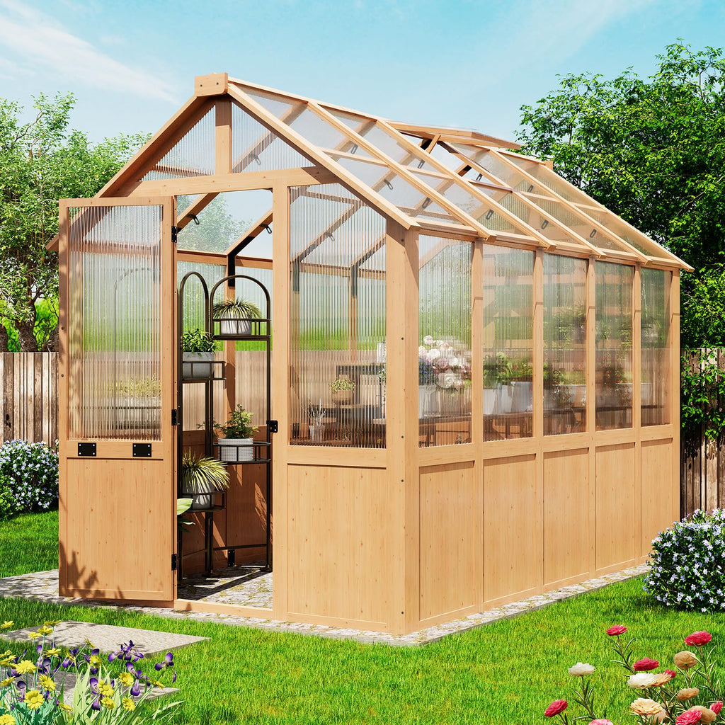 EROMMY 7x16 FT Spruce Wood Greenhouse with Pergola, Large Walk-in Polycarbonate Greenhouse Kit with Top-Hung Windows, Built-in Workstation and Staging Shelves for Backyard Garden