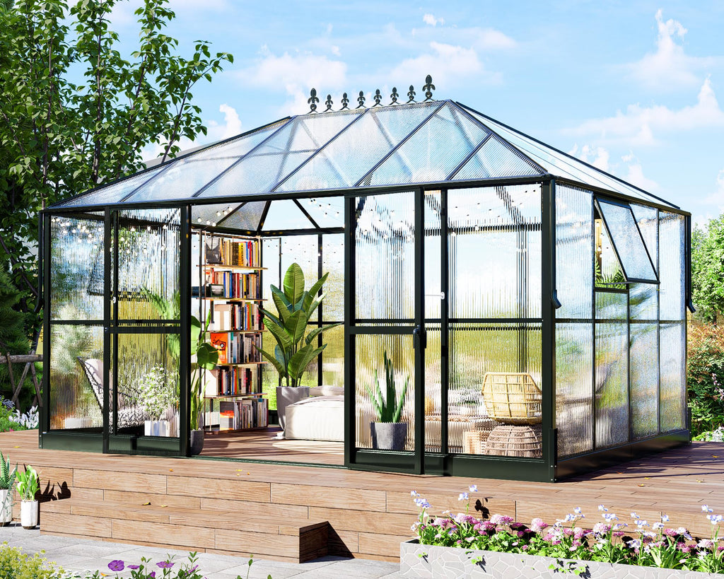 HOWE 16x12x9.5 FT Polycarbonate Greenhouse for Outdoors, Pavilion Style Greenhouse with 4 Vent Windows, Lockable Double Doors, Ideal for Garden & Patio Use, Black