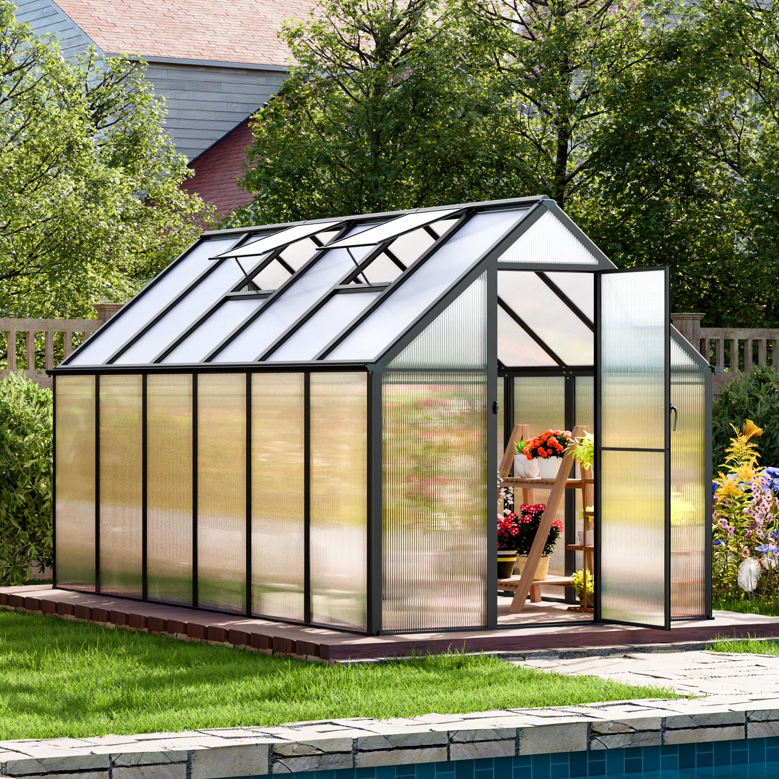 K Knowbody 16x10x10 FT Greenhouse for Outdoors, Large Thicker Aluminum Polycarbonate, 3 Vent Windows, Swing Door & Quick T Connector, Walk-in, for Outside, Backyard, Garden