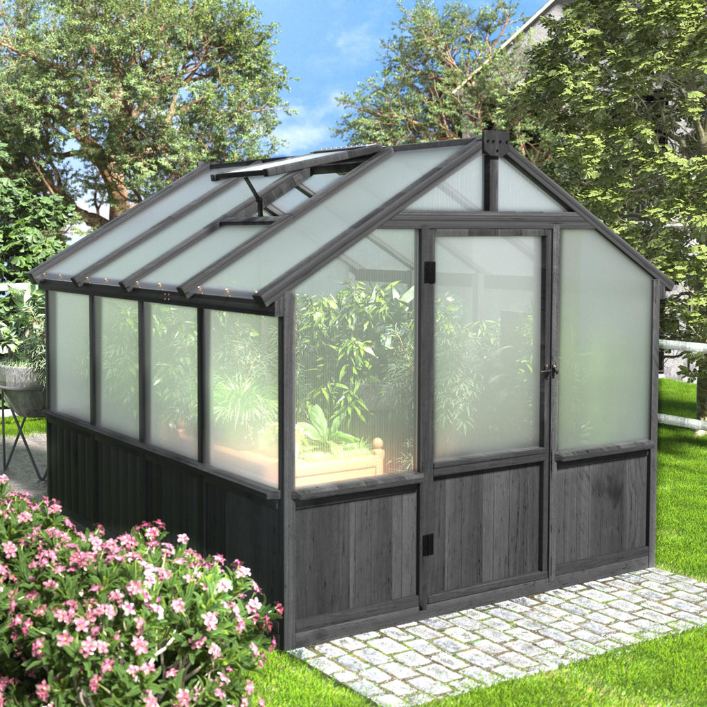 Yardenaler 8x16 FT Greenhouse for Outdoor, 6MM Thick Polycarbonate Panel Wooden Walk-in Green House with Adjustable Roof Vents and Lockable Door, Backyard Garden, Light Mocha Brown