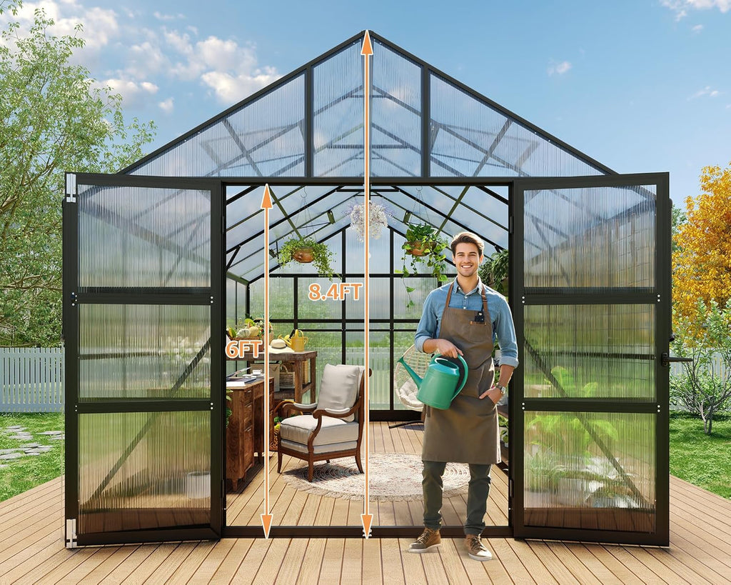 HOWE 10x18x8.4FT Polycarbonate Greenhouse, Heavy Duty Greenhouse for Outdoors with 4 Vent Windows, Black