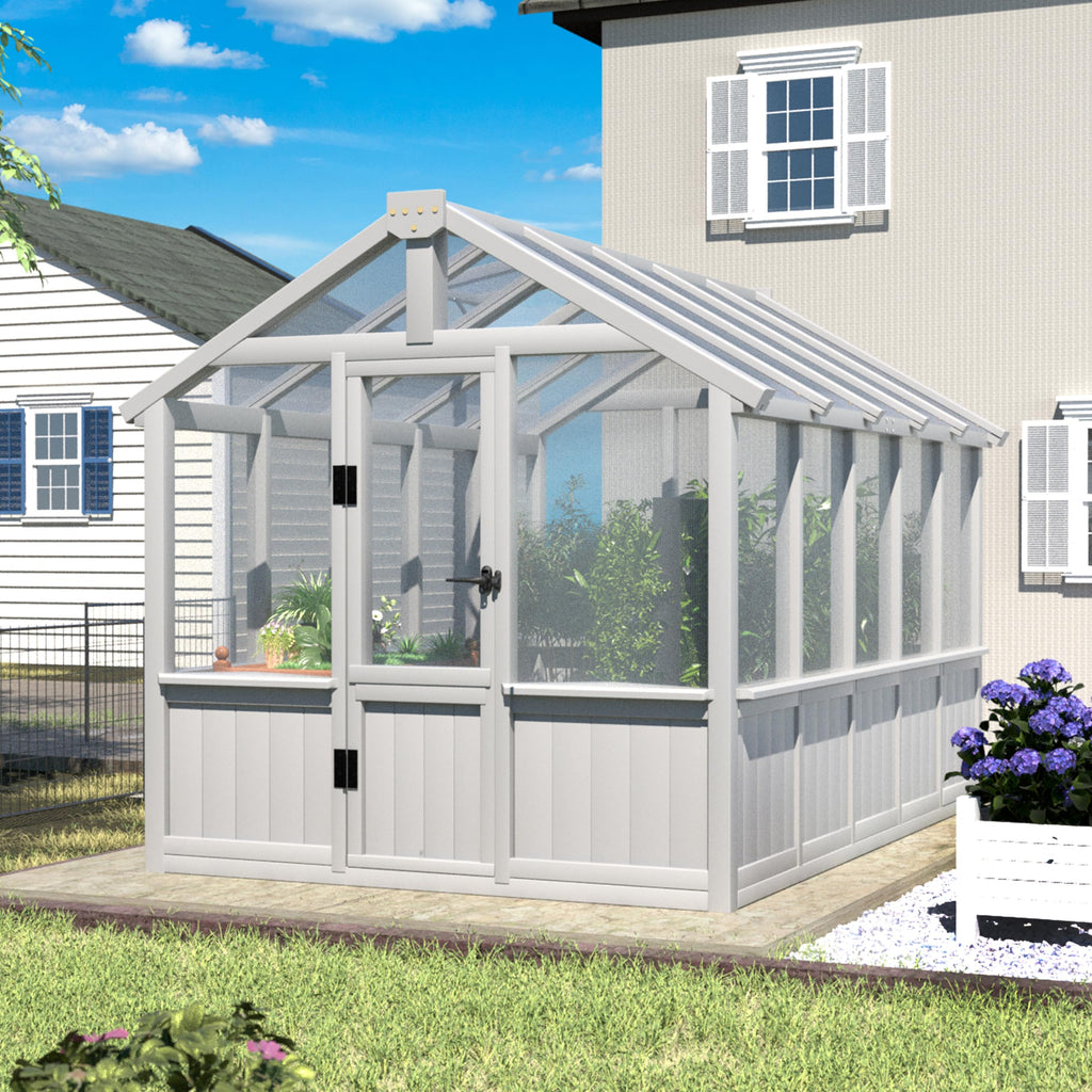 Yardenaler 8x16 FT Greenhouse for Outdoor, 6MM Thick Polycarbonate Panel Wooden Walk-in Green House with Adjustable Roof Vents and Lockable Door, Backyard Garden, Light Mocha Brown